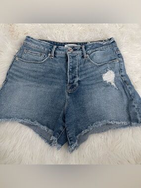 Good American Light Blue High-Rise Frayed Hem Denim Shorts